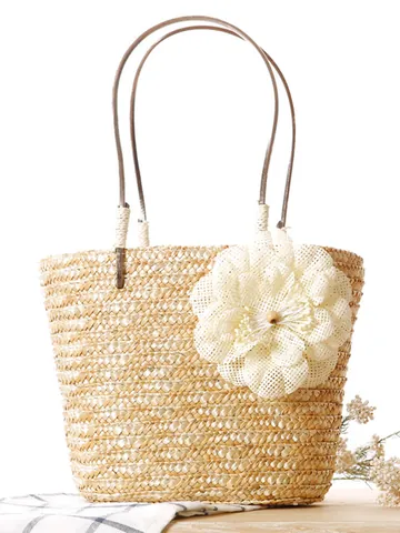 Handwoven Wheat Straw Bucket Bag For Women Fashion Twist Woven Beach Handbag With Large Flower Decor Summer Holiday Purse
