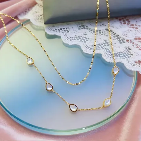 Double Layer 304 Stainless Steel Necklace 18K Gold Plated Teardrop Mother Of Pearl Shell Pendant Clavicle Chain Jewelry For Women