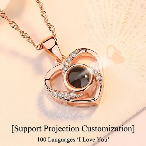 Collana a Proiezione a Cuore in Argento Sterling 925 Ciondolo Ti Amo in 100 Lingue Oro Rosa Oro Bianco Strass Gioielli