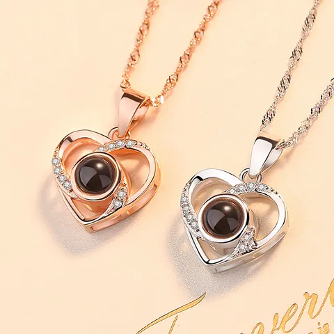 Collana a Proiezione a Cuore in Argento Sterling 925 Ciondolo Ti Amo in 100 Lingue Oro Rosa Oro Bianco Strass Gioielli