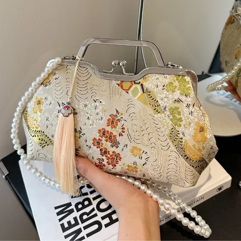 Vintage Chinese Style Embroidered Kiss Lock Bag For Women Floral Brocade Handbag With Artificial Pearl Chain Strap Tassel Crossbody Evening Bag