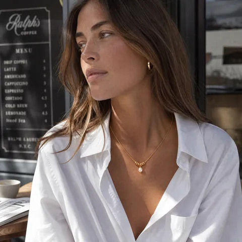 Women's 18K Gold Plated Stainless Steel Necklace with Elegant Artificial Pearl Pendant and Geometric Metal Beads Jewelry