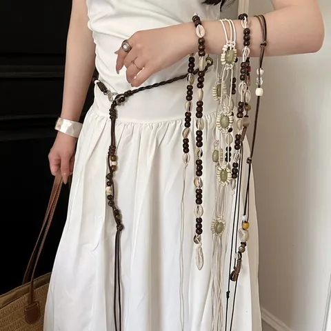 Bohemian Brown Woven Waist Chain For Women Vintage Ethnic Beaded Belt With Shell Wood Beads For Dresses Jeans Decorative Waist Rope Accessory
