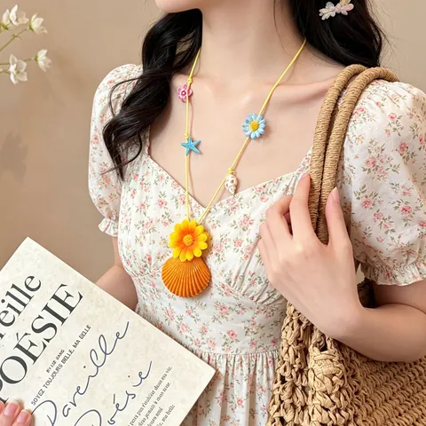 Collier Pendentif Fleur Étoile de Mer Coquillage de Vacances à la Plage Boho Charmes de Résine d'Huile d'Égouttement Collier de Cordon de Cire Coloré pour Femme Bijoux