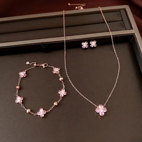Vintage Zirconia Flower Jewelry Set Copper Inlaid Pink Zirconia Clover Pendant Necklace Bracelet Stud Earrings For Women