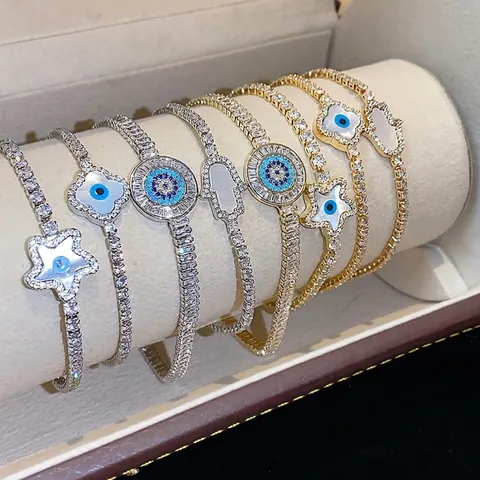 Bracelet en Cuivre Plaqué Or 18K Zirconia pour Femmes Luxe Mauvais Œil Étoile Main de Hamsa Trèfle Exquis Chaîne Tennis Bijoux