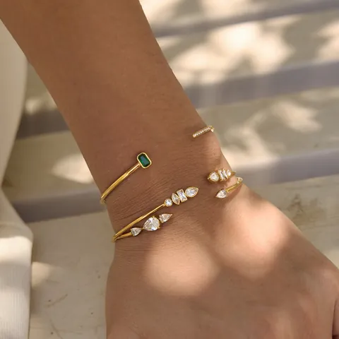 18K Gold Plated Stainless Steel Open Bangle For Women Adjustable Geometric Rhinestone Inlaid Fashion Jewelry Hand Cuff Bracelet