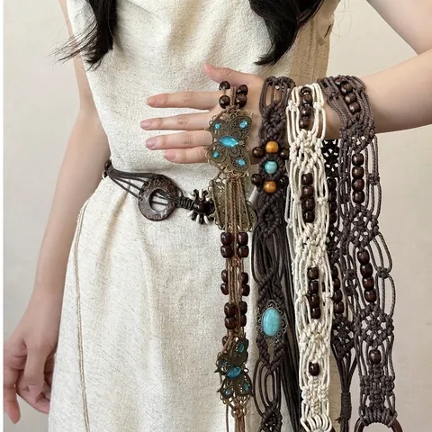 Ethnic Multilayer Beaded Waist Chain For Women Vintage Bohemian Wood Resin Shell Tassel Belt Dress Decoration Fashion Accessory