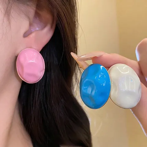 Orecchini a Bottone Ovali in Lega a Goccia d'Olio Con Perno in Argento Texture Pieghettata Design di Nicchia Minimalista per Donna Gioielli