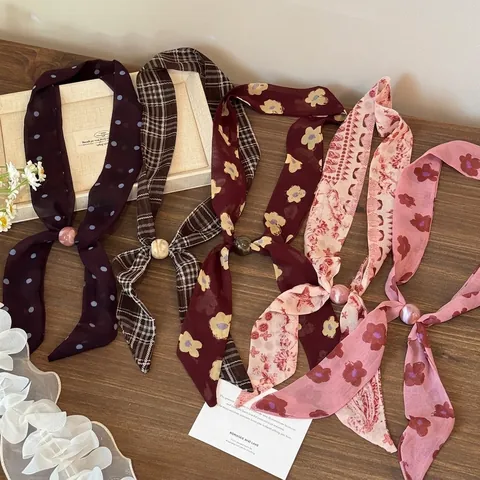 Pañuelo de Seda Largo Estampado de Estilo Coreano para Mujer Collar con Estampado Floral de Lunares Cinta para el Cuello con Perla Decorativa Accesorio de Moda