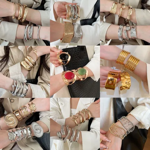 Bracciale a Polsino in Metallo con Fiori Plissettati Moda Europea Bracciale Rigido Irregolare Chunky per Donna Elegante Gioiello di Lusso