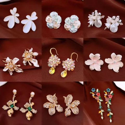 Pendientes de Botón de Lujo Flor Corazón Gota de Agua Con Poste de Plata de Ley 925 para Mujer Strass Perla Artificial