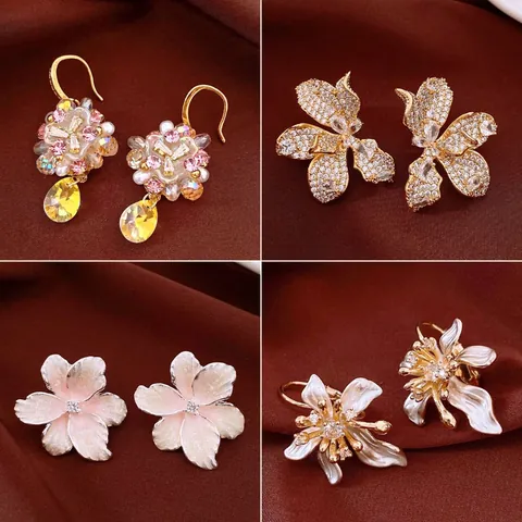 Pendientes de Botón de Lujo Flor Corazón Gota de Agua Con Poste de Plata de Ley 925 para Mujer Strass Perla Artificial