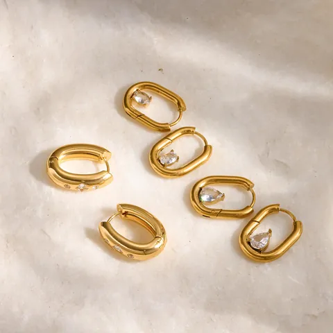 Luxury 304 Stainless Steel U-Shaped Hoop Earrings Gold Plated PVD Rhinestone Inlaid Fashion Jewelry For Women