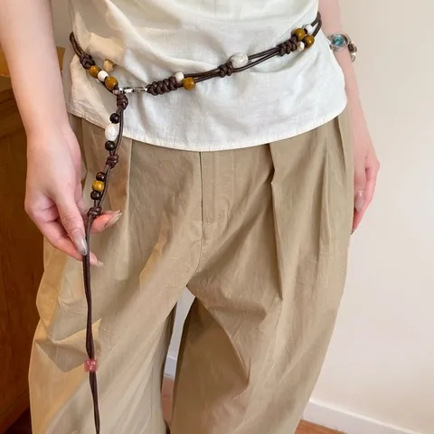 Handmade Braided Beaded Waist Chain Bohemian Ethnic Retro Brown Rope Belt For Women Dress Accessories Decorative Waist Link