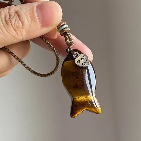 Vintage Handmade Tiger Eye Stone Fish Pendant Necklace Niche Design Heart Charm Woven Rope Sweater Chain For Women Jewelry Gift