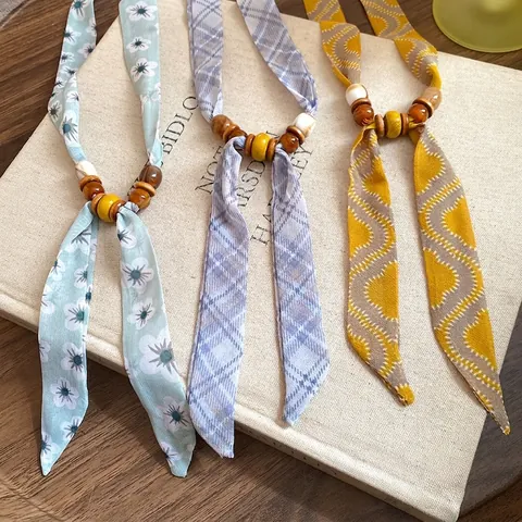 Vintage Bohemian Plaid Floral Beaded Fabric Scarf Necklace For Women Artificial Pearl Wood Resin Neck Ribbon Decoration