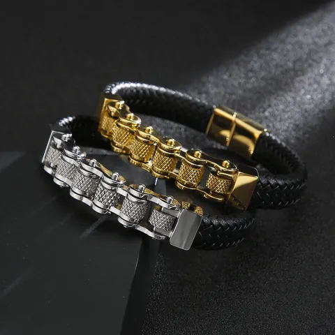 Herren Fahrradkette Lederarmband Edelstahl Geflochtenes Armband Industrieller Stil Motorrad Schmuck Für Männer Geschenk