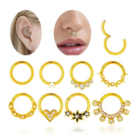 Stainless Steel Hinged Segment Ring For Nose Ear Piercing Heart Flower Spikes Rhinestone Inlaid Fashion Jewelry