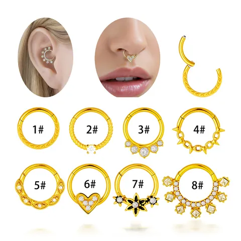 Stainless Steel Hinged Segment Ring For Nose Ear Piercing Heart Flower Spikes Rhinestone Inlaid Fashion Jewelry