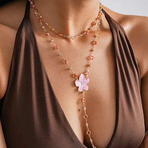 Collana con Pendente a Fiore in Resina Dolce Catena della Clavicola in Lega di Rame con Strass Colorati per Gioielli da Donna