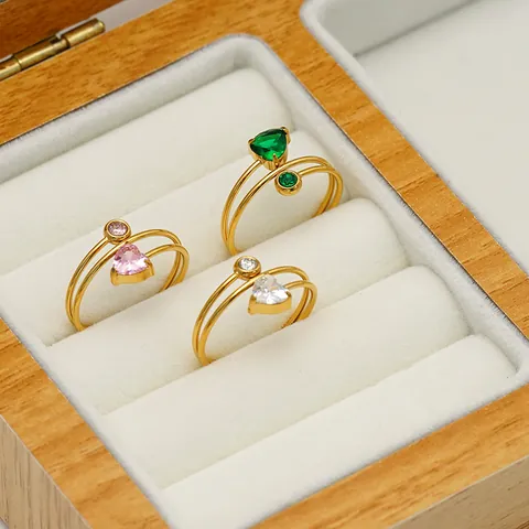 Luxury Stainless Steel Heart Zirconia Open Ring Triple Layer Wire Wrap 18K Gold Plated Individual Jewelry For Women