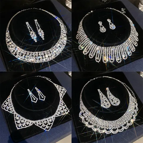 Parure de Bijoux Collier Et Boucles d'Oreilles Fleur Goutte d'Eau en Strass pour Femme Élégant Ras du Cou en Cuivre Plaqué Argent Incrusté de Strass Accessoire de Fête