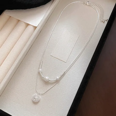 Collar con Colgante de Estrella del Norte y Perla de Circonia para Mujer Doble Capa Aleación Plateada Cadena de Clavícula Joyería Moda