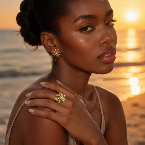 Conjunto de Joyas de Acero Inoxidable con Diseño de Fuegos Artificiales para Mujer Pendientes y Anillo Chapados en Oro Accesorio de Lujo