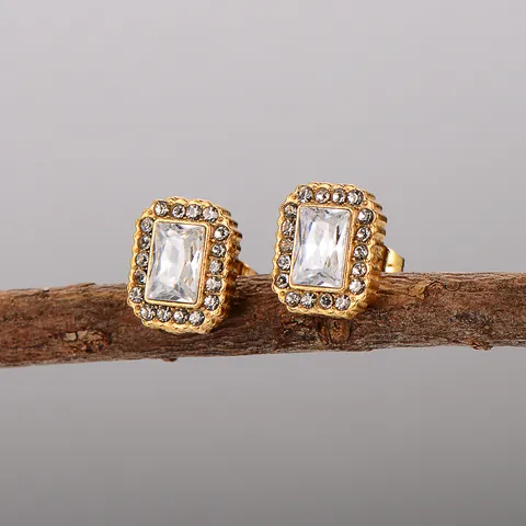 Orecchini a Lobo Quadrati Geometrici in Acciaio Inossidabile 304 Placcati Oro 18k Con Strass Incastonati Gioielli Moda Donna