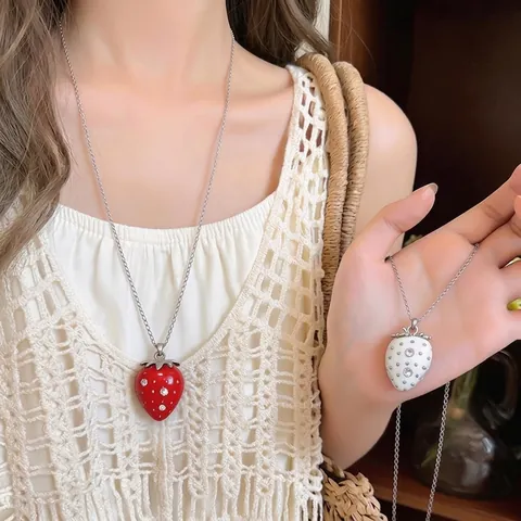 Sweet Resin Strawberry Pendant Necklace Rhinestone Inlaid Korean Style Long Sweater Chain For Women Decorative Jewelry
