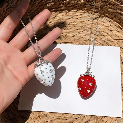 Sweet Resin Strawberry Pendant Necklace Rhinestone Inlaid Korean Style Long Sweater Chain For Women Decorative Jewelry