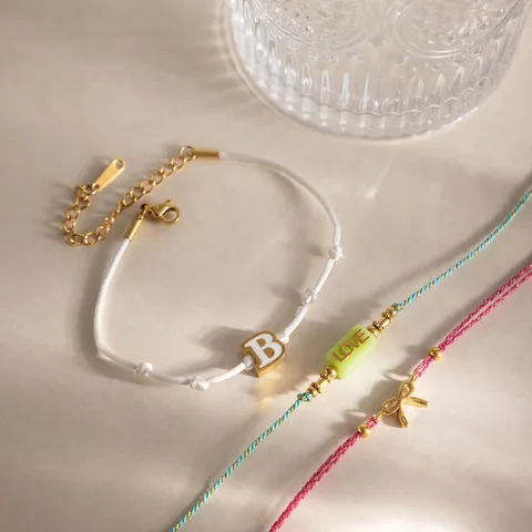 Bracelet Pendentif Lettre en Acier Inoxydable pour Femme Plaqué Or Strass Nœud Papillon Perles d'Amour Corde Tressée Bijoux Cadeau