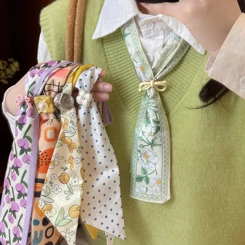 Collar de Pañuelo de Seda con Estampado de Tulipanes para Mujer Verano Lunares Gargantilla Ajustable con Cordón Decoración de Cuello Accesorios de Moda