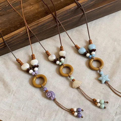 Bohemian Ceramic Shell Pendant Long Necklace With Zirconia Brass Wood Ring Leather Rope Resort Style Jewelry For Women