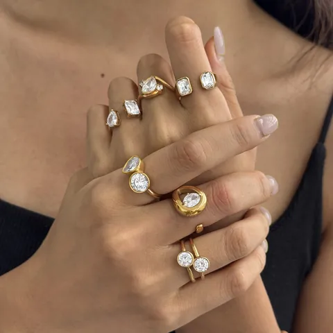 Roestvrijstalen Zirconia Ring Voor Vrouwen Verguld Geometrisch Open Verstelbaar Vinger Sieraden Hoge Kwaliteit Niet Vervagend