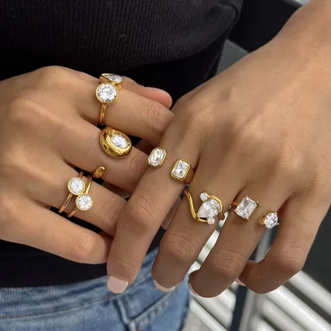 Roestvrijstalen Zirconia Ring Voor Vrouwen Verguld Geometrisch Open Verstelbaar Vinger Sieraden Hoge Kwaliteit Niet Vervagend