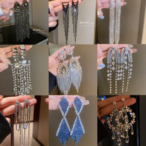 Orecchini Pendenti Geometrici con Nappe per Donna Lussuosi Orecchini Statement Lunghi con Strass a Goccia d'Acqua Gioielli da Sposa
