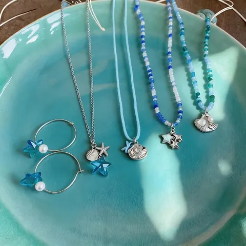 Sweet Beach Resort Style Beaded Bow Shell Starfish Pendant Necklace Silver Alloy Handmade Lightweight Clavicle Chain Jewelry