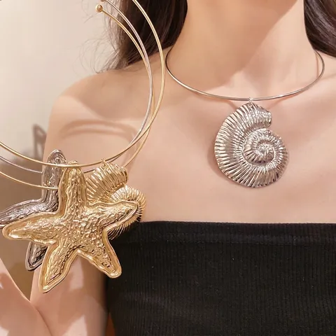Böhmisch Legierung Seestern Muschel Anhänger Halskette Gold Silber Galvanisiert Choker Ozean Thema Mode Schmuck Für Damen