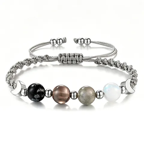 Bracelet Tressé en Pierre Naturelle Pierre de Lune Obsidienne Charme de Phase de Lune Croissant Bracelet Perlé de Guérison pour Femmes Cadeau