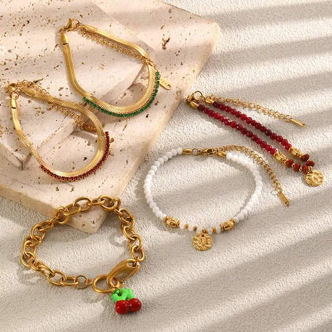 Pulsera de Perlas de Frutas de Acero Inoxidable Chapado en Oro de 18K para Mujer Moda Colorido Strass Cereza Corazón Joyas