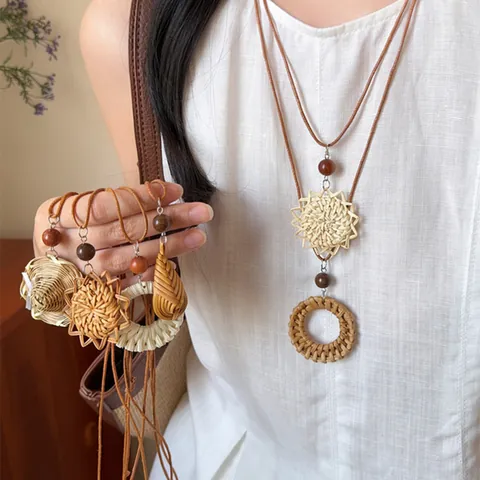 Vintage Ethnic Woven Rattan Pendant Necklace Handmade Wood Bead Leather Rope Long Sweater Chain Bohemian Jewelry For Women