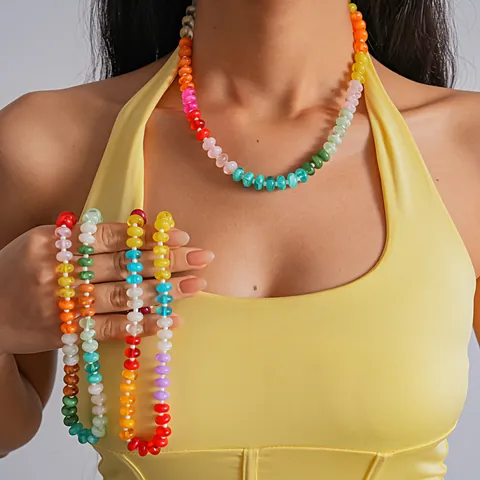 Bohemian Acrylic Colorful Beaded Necklace For Women Sweet Rainbow Choker Vacation Style Fashion Jewelry Neck Accessory