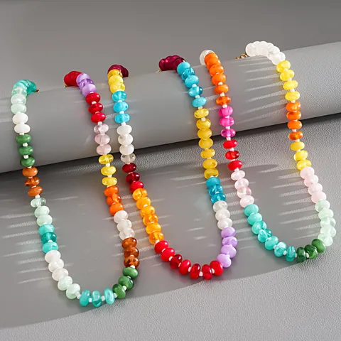 Bohemian Acrylic Colorful Beaded Necklace For Women Sweet Rainbow Choker Vacation Style Fashion Jewelry Neck Accessory