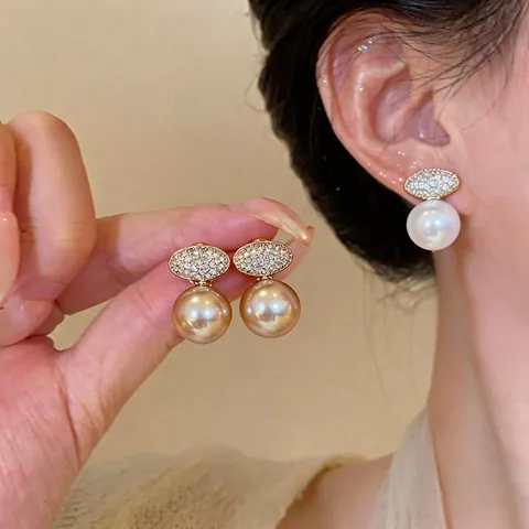 Orecchini a Clip in Perla Artificiale e Zirconia Ovale Vintage Francese per Donna Gioielli per Orecchie non Forate