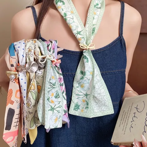 Handmade Printed Fabric Scarf Necklace For Women Floral Polka Dot Summer Neck Wrap Pastoral Style Decorative Jewelry Gift