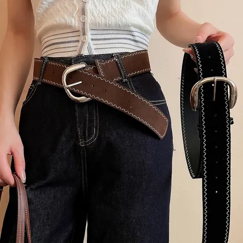 Women's Vintage Leather Belt Contrast Zig-Zag Stitching Retro Waistband With Oval Alloy Pin Buckle Korean Style Fashion Accessory