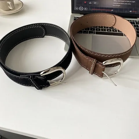 Women's Vintage Leather Belt Contrast Zig-Zag Stitching Retro Waistband With Oval Alloy Pin Buckle Korean Style Fashion Accessory