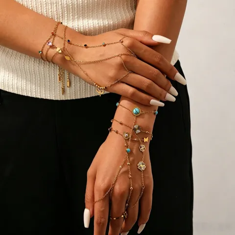 Bracelet Chaîne de Main en Acier Inoxydable Plaqué Or pour Femmes Papillon Cœur Serpent Strass Bracelet Bague Bijoux de Mode